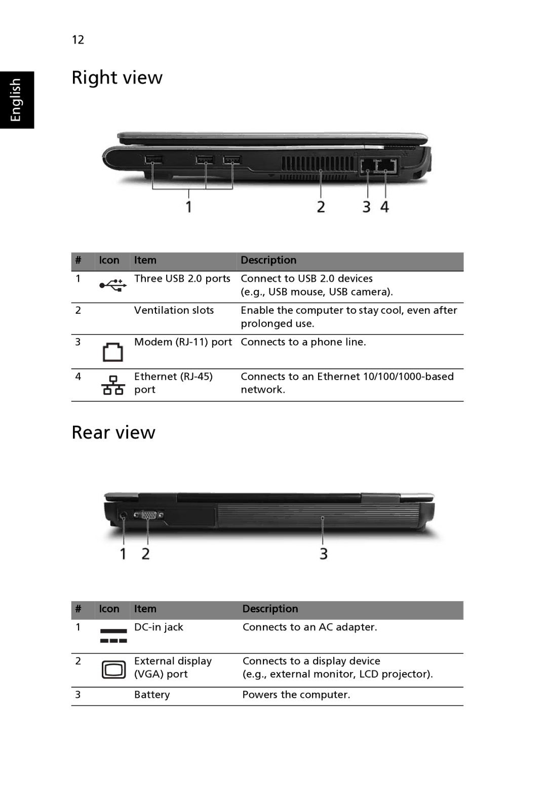 Acer TravelMate 2420 manual Right view, Rear view 