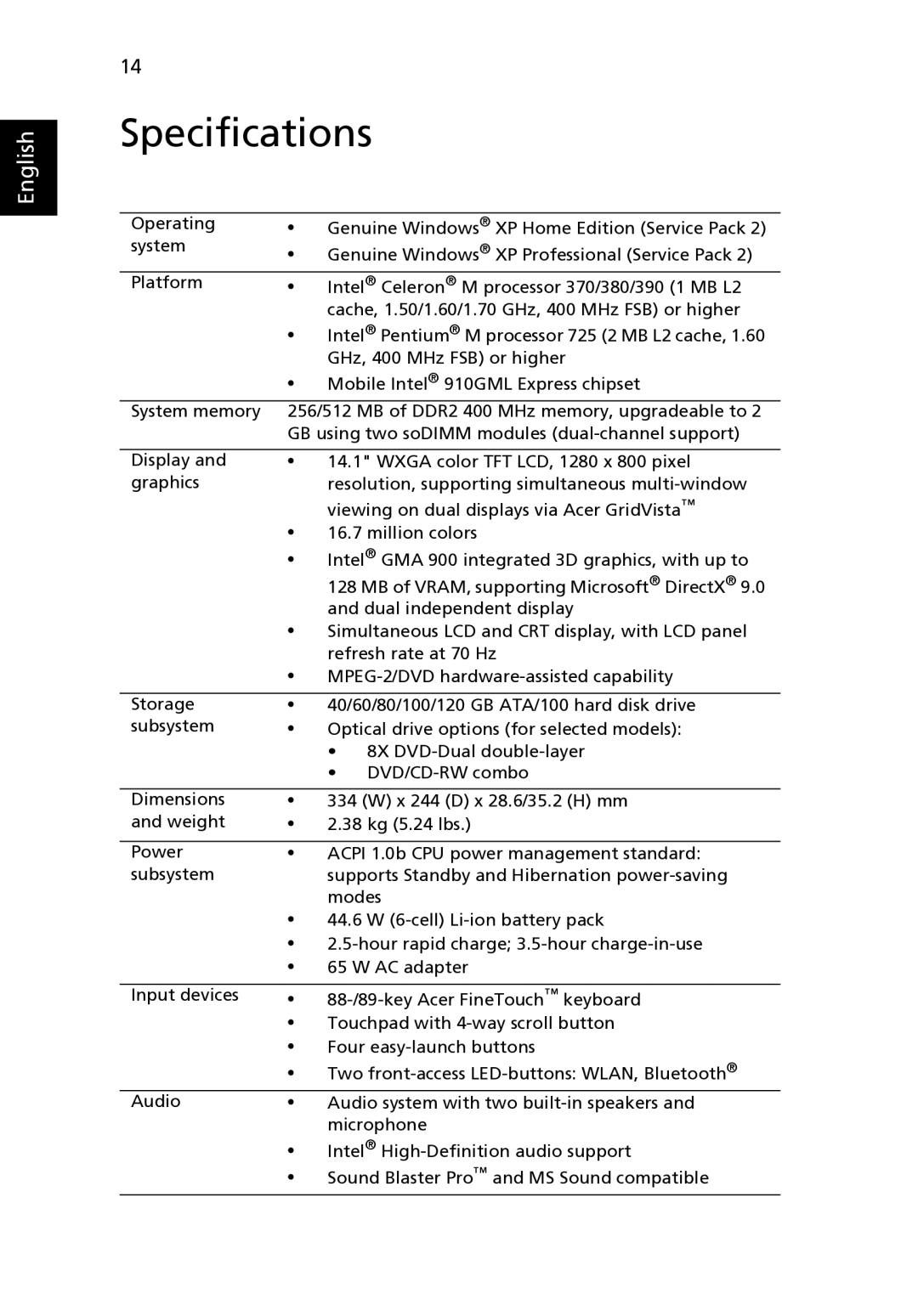 Acer TravelMate 2420 manual Specifications 