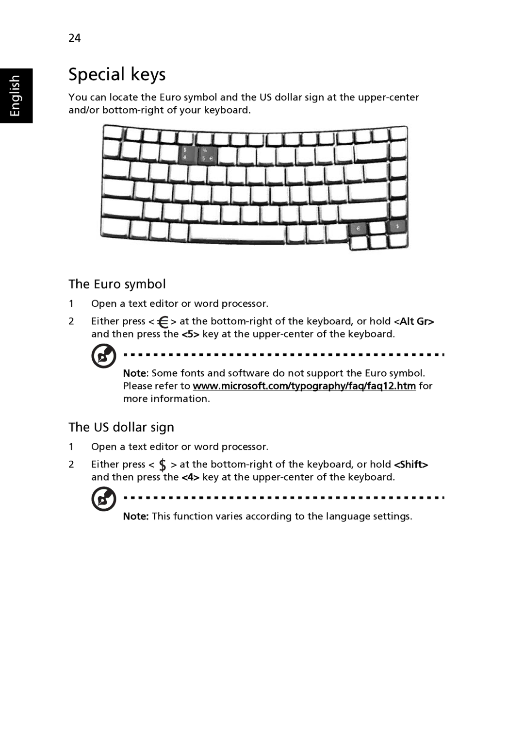 Acer TravelMate 2420 manual Special keys, Euro symbol 