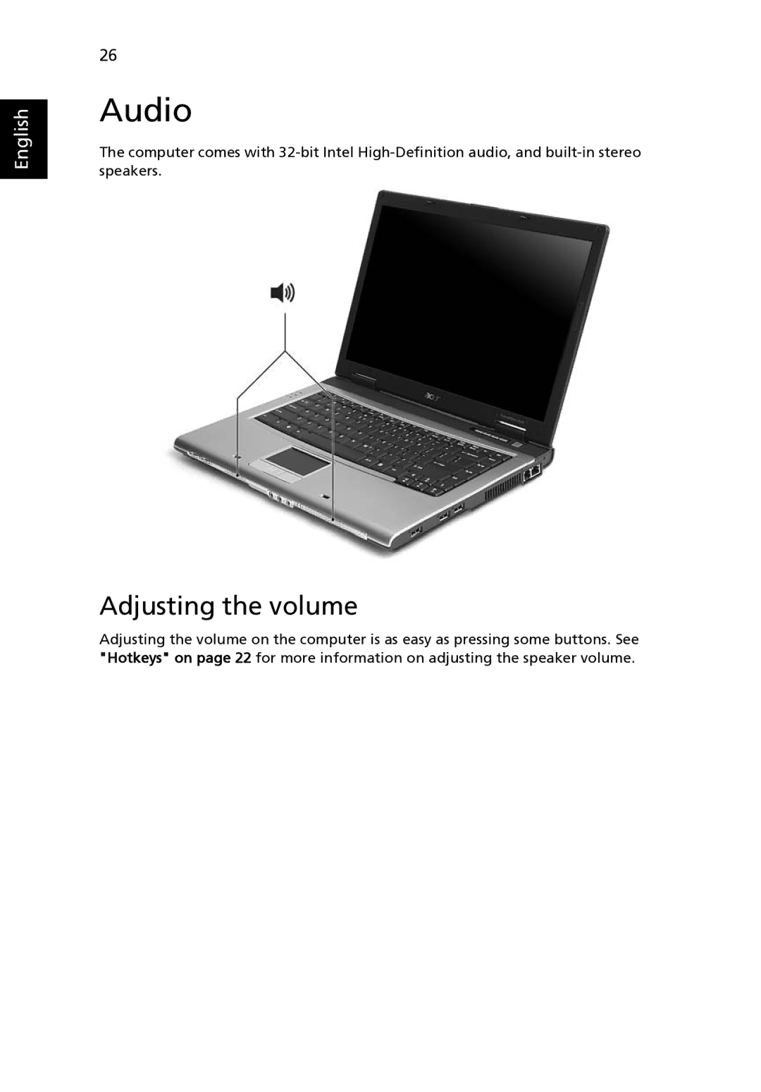 Acer TravelMate 2420 manual Audio, Adjusting the volume 