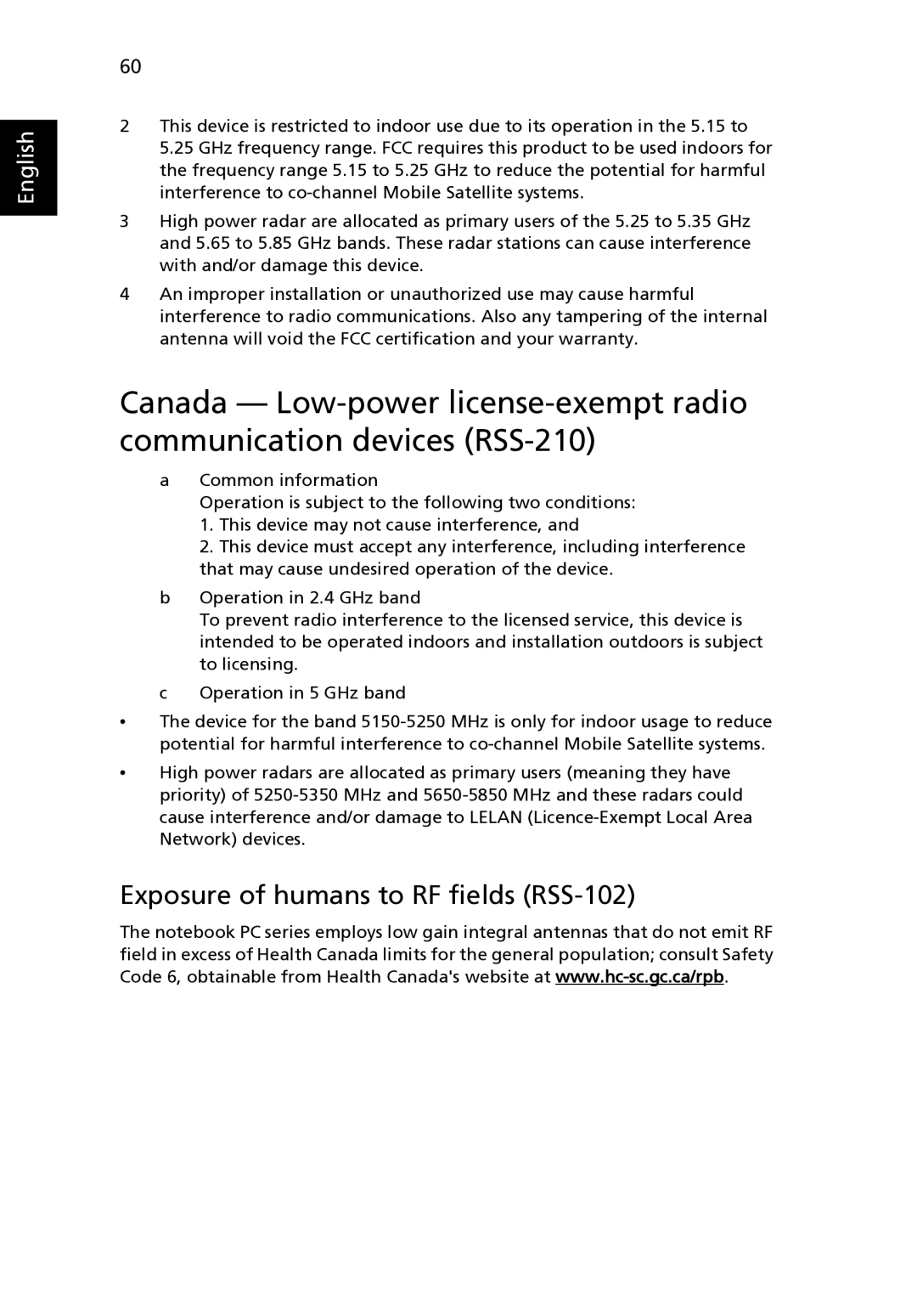 Acer TravelMate 2420 manual Exposure of humans to RF fields RSS-102 