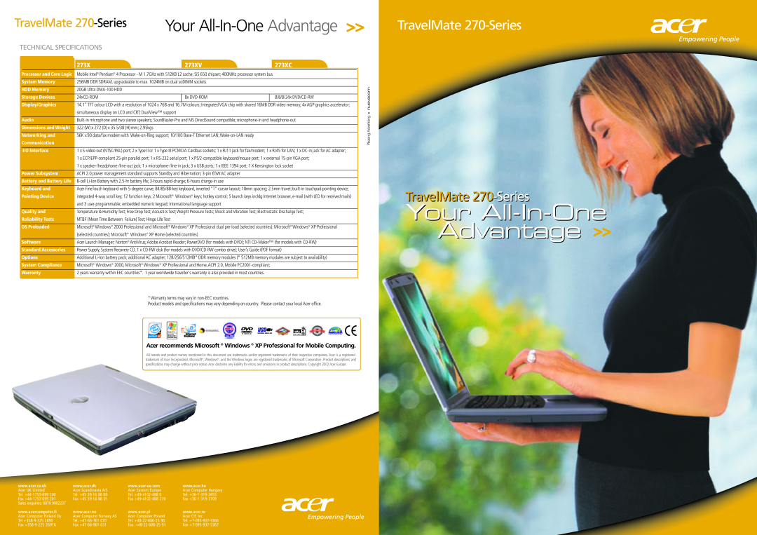 Acer technical specifications TravelMate 270-Series, Your All-In-One Advantage, Technical Specifications, 273XV 