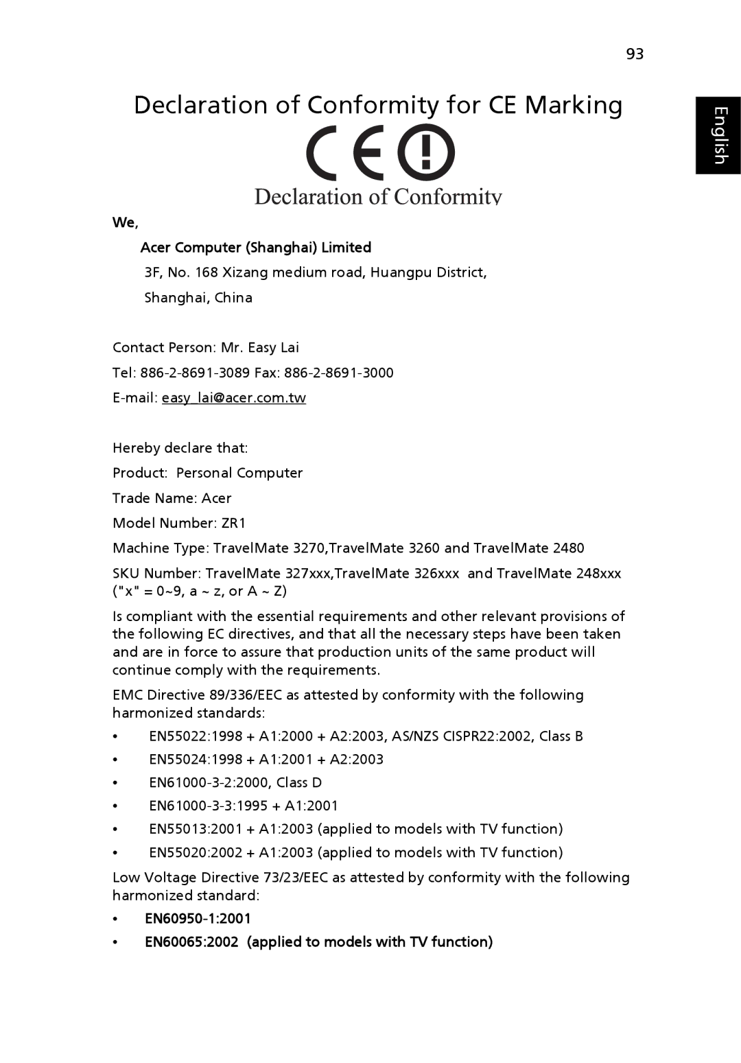 Acer TravelMate 3270, TravelMate 3260 manual Declaration of Conformity for CE Marking, Acer Computer Shanghai Limited 