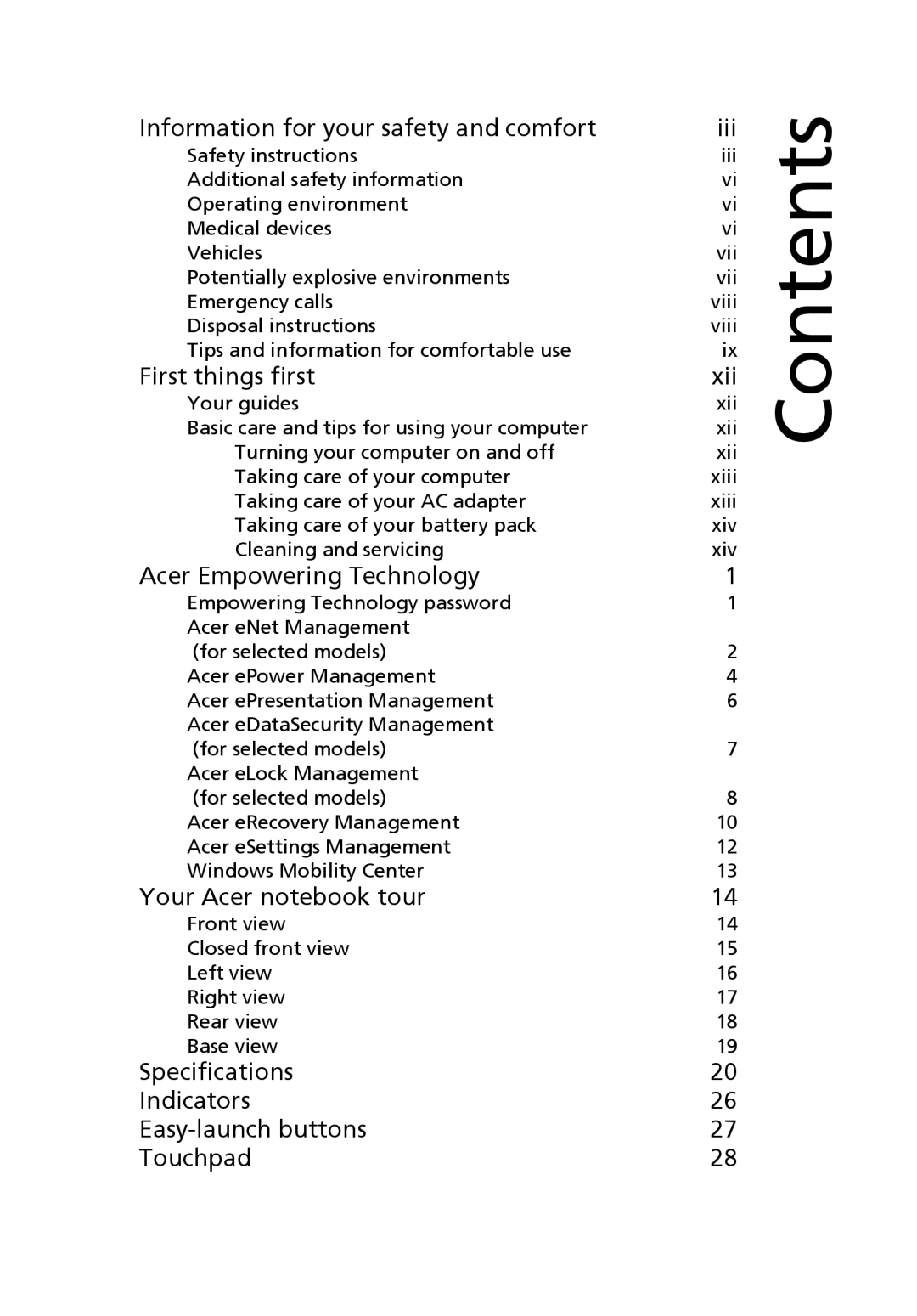 Acer TravelMate 3270, TravelMate 3260, TravelMate 2480 manual Contents 