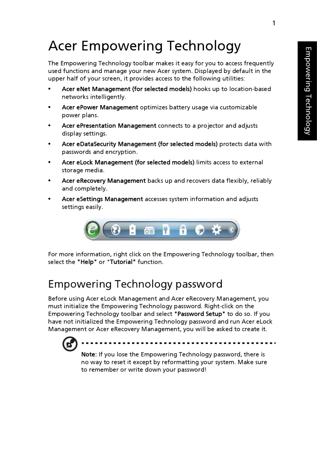 Acer TravelMate 3260, TravelMate 3270, TravelMate 2480 manual Acer Empowering Technology, Empowering Technology password 