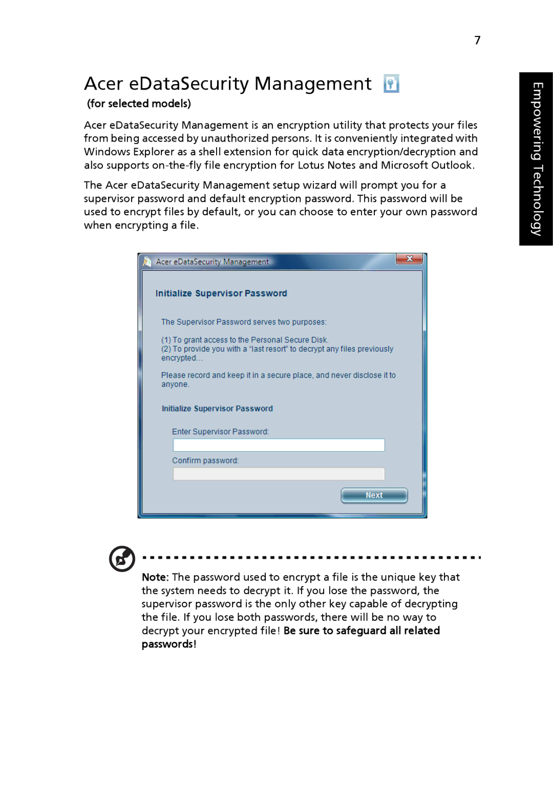 Acer TravelMate 3260, TravelMate 3270, TravelMate 2480 manual Acer eDataSecurity Management, For selected models 