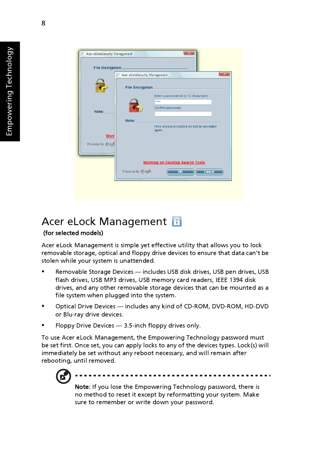 Acer TravelMate 2480, TravelMate 3270, TravelMate 3260 manual Acer eLock Management 