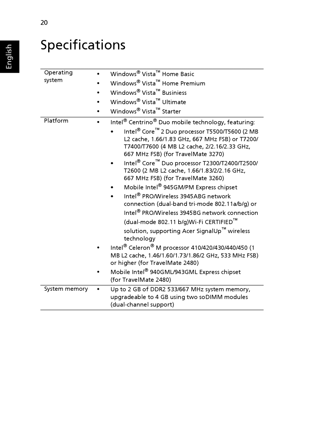 Acer TravelMate 2480, TravelMate 3270, TravelMate 3260 manual Specifications 