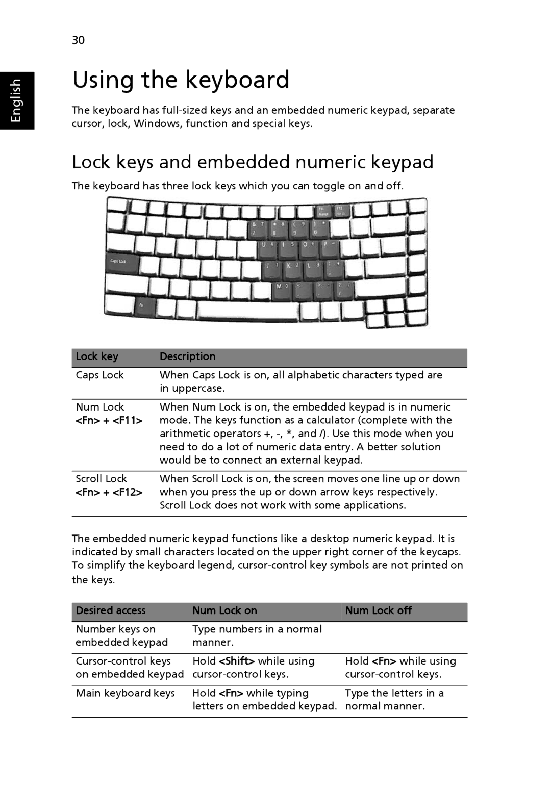 Acer TravelMate 3270, TravelMate 3260, TravelMate 2480 manual Using the keyboard, Lock keys and embedded numeric keypad 