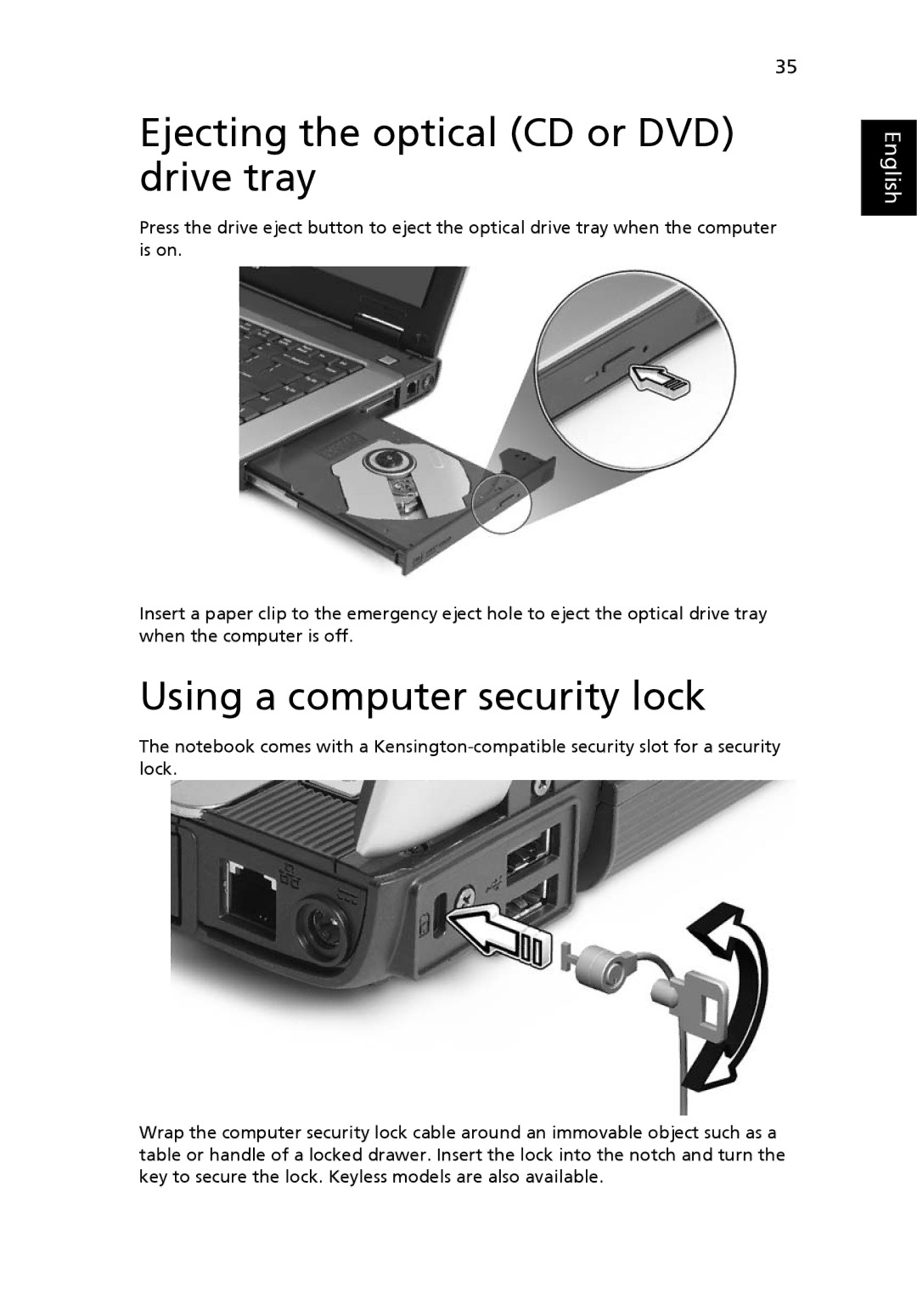 Acer TravelMate 2480, TravelMate 3270 manual Ejecting the optical CD or DVD drive tray, Using a computer security lock 