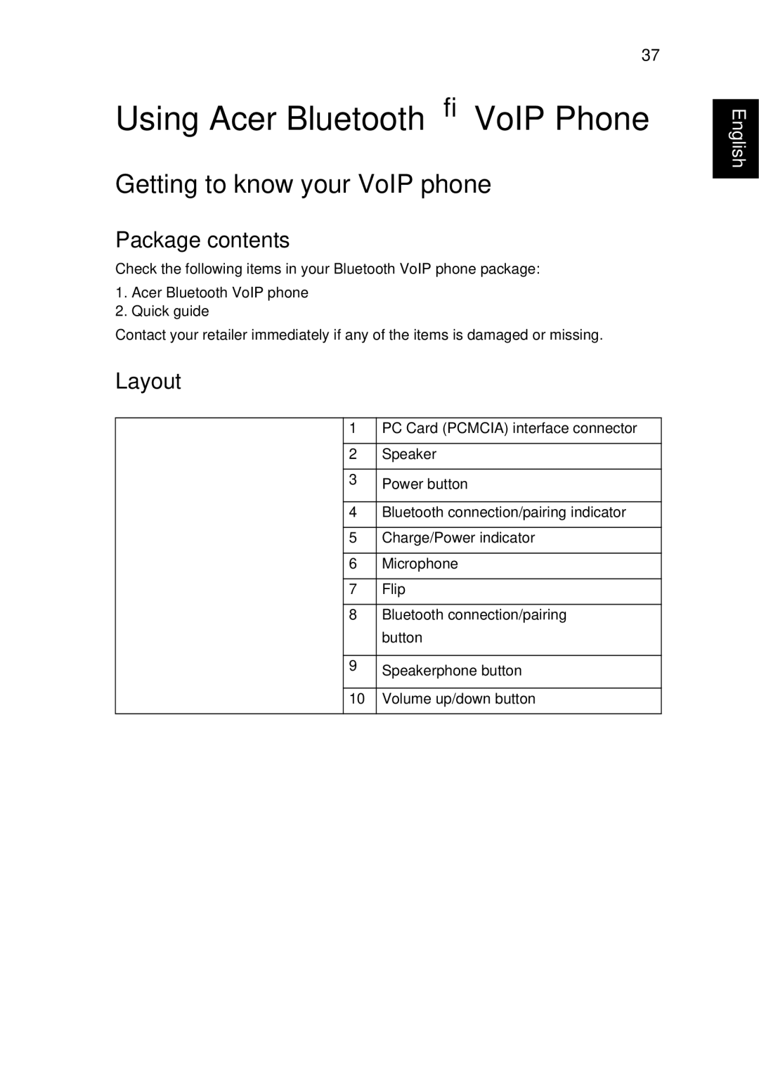 Acer TravelMate 3260 manual Using Acer Bluetooth VoIP Phone, Getting to know your VoIP phone, Package contents, Layout 