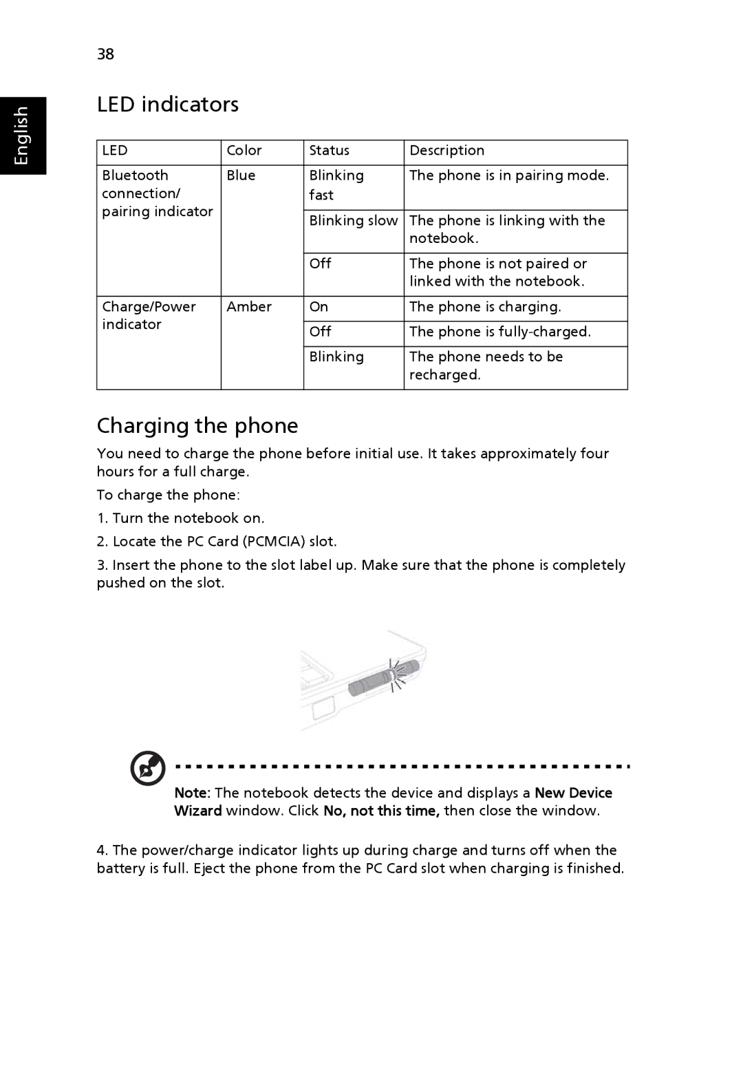 Acer TravelMate 2480, TravelMate 3270, TravelMate 3260 manual LED indicators, Charging the phone 