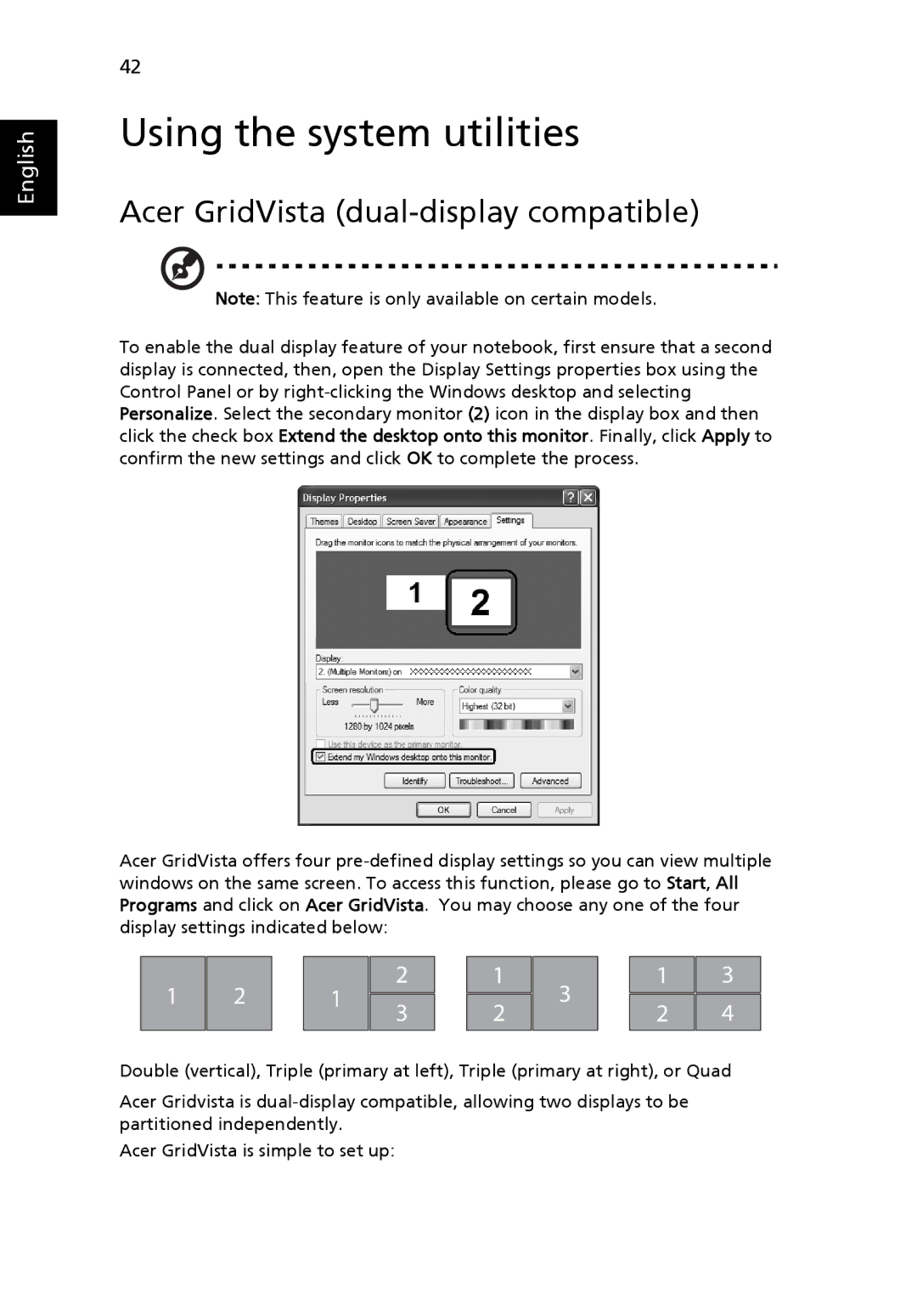 Acer TravelMate 3270, TravelMate 3260, TravelMate 2480 Using the system utilities, Acer GridVista dual-display compatible 