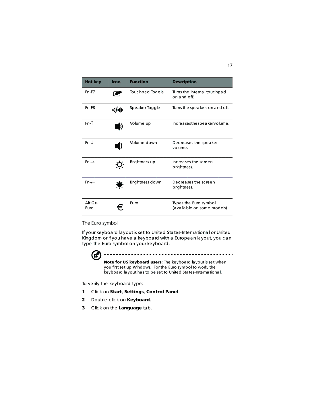 Acer TravelMate 360 manual Euro symbol, Lic k on Start, Settings, Control Panel 