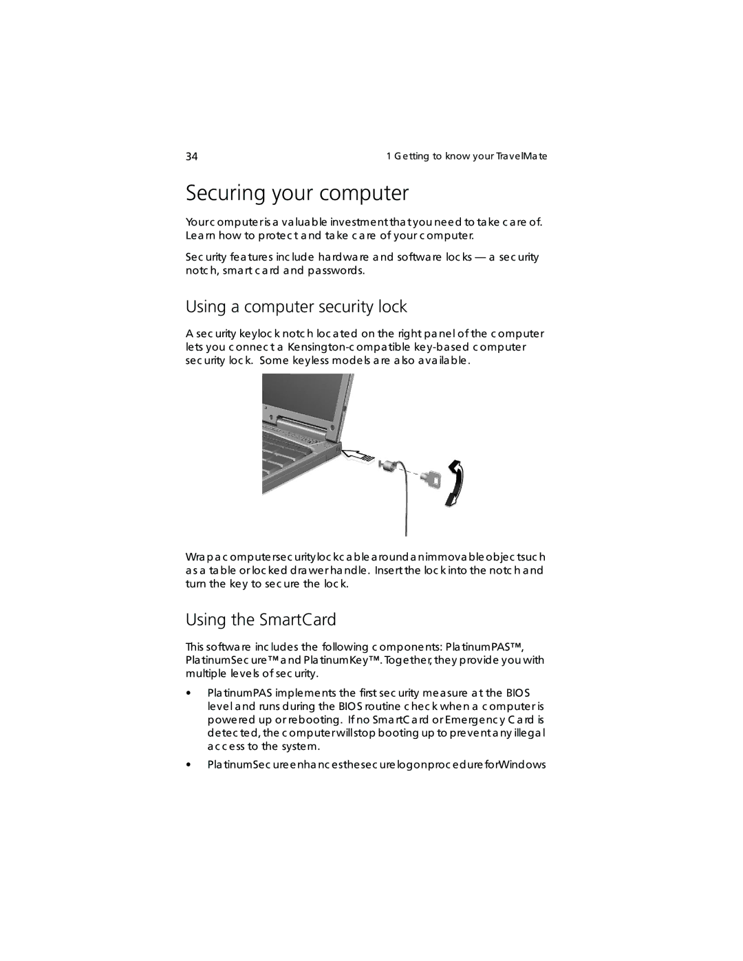 Acer TravelMate 360 manual Securing your computer, Using a computer security lock, Using the SmartCard 