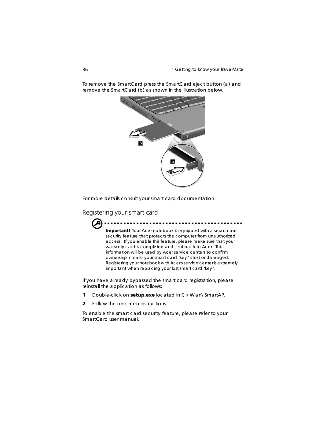 Acer TravelMate 360 manual Registering your smart card 