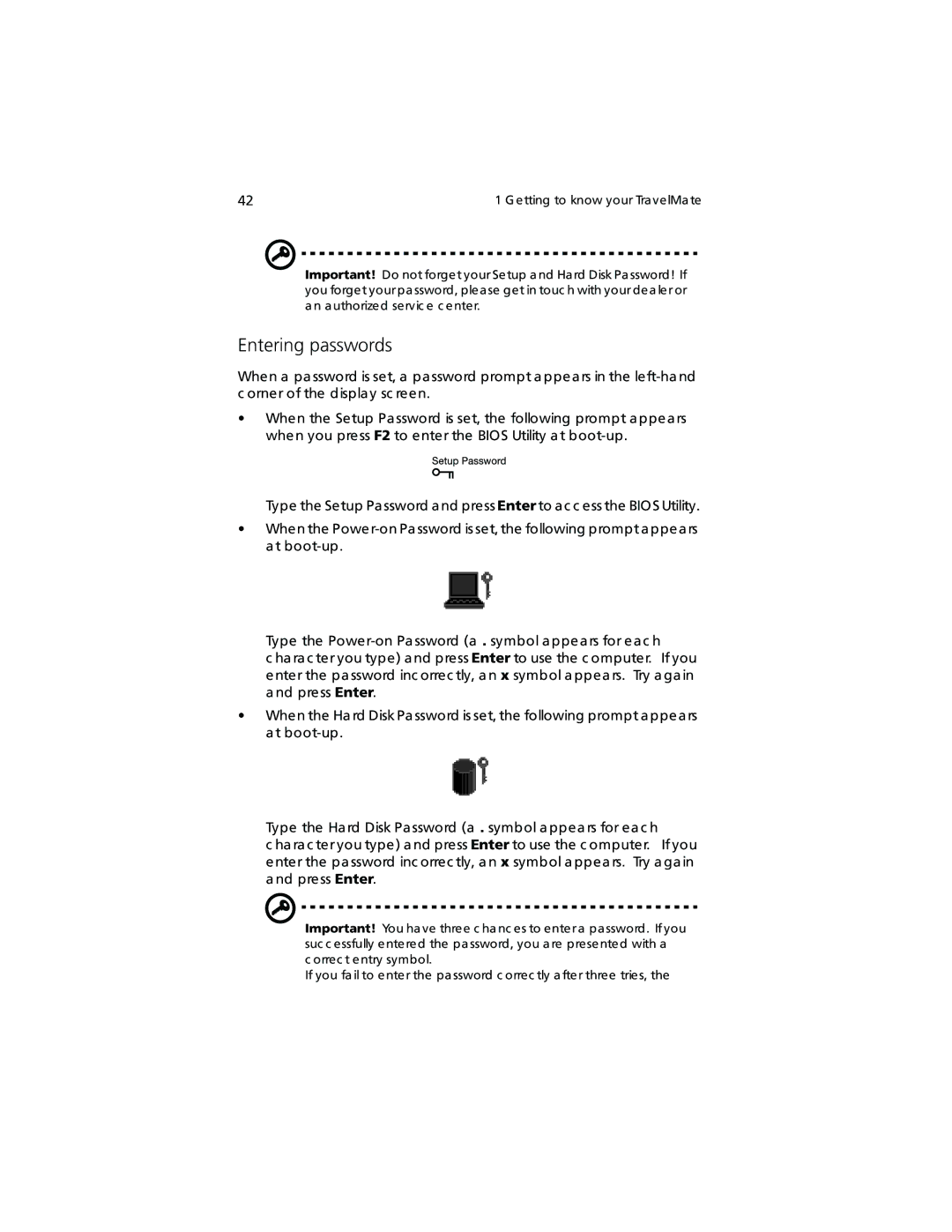 Acer TravelMate 360 manual Entering passwords 