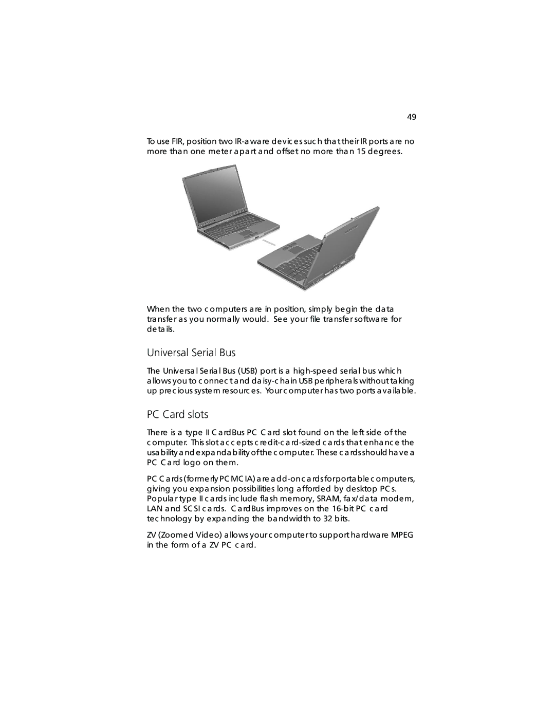 Acer TravelMate 360 manual Universal Serial Bus, PC Card slots 