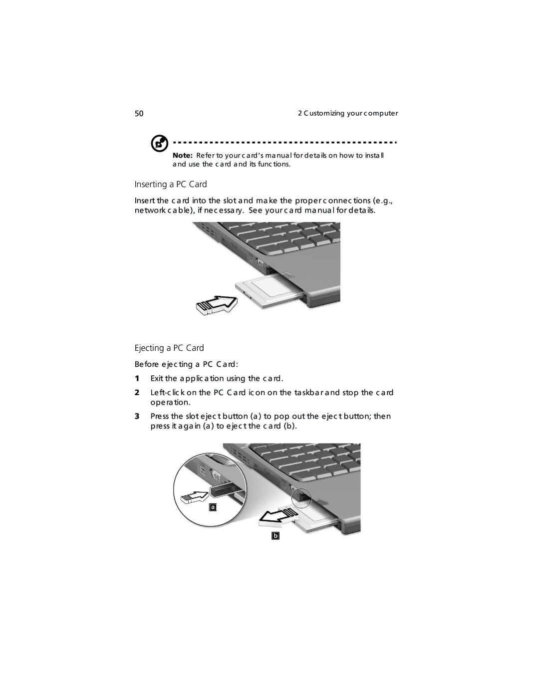 Acer TravelMate 360 manual Inserting a PC Card, Ejecting a PC Card 