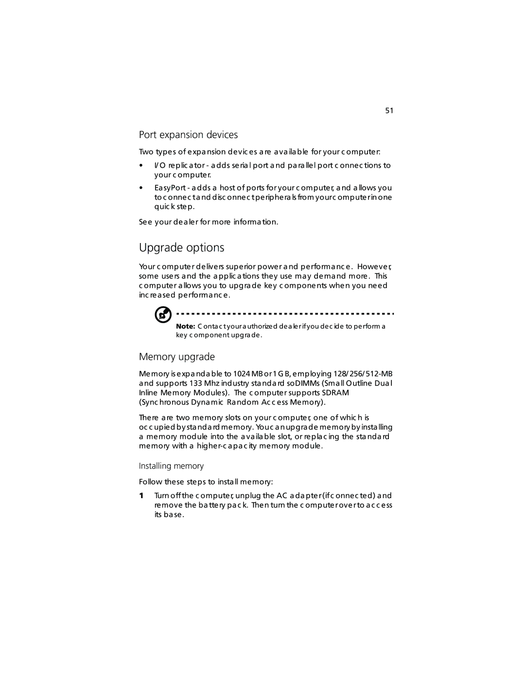 Acer TravelMate 360 manual Upgrade options, Port expansion devices, Memory upgrade, Installing memory 