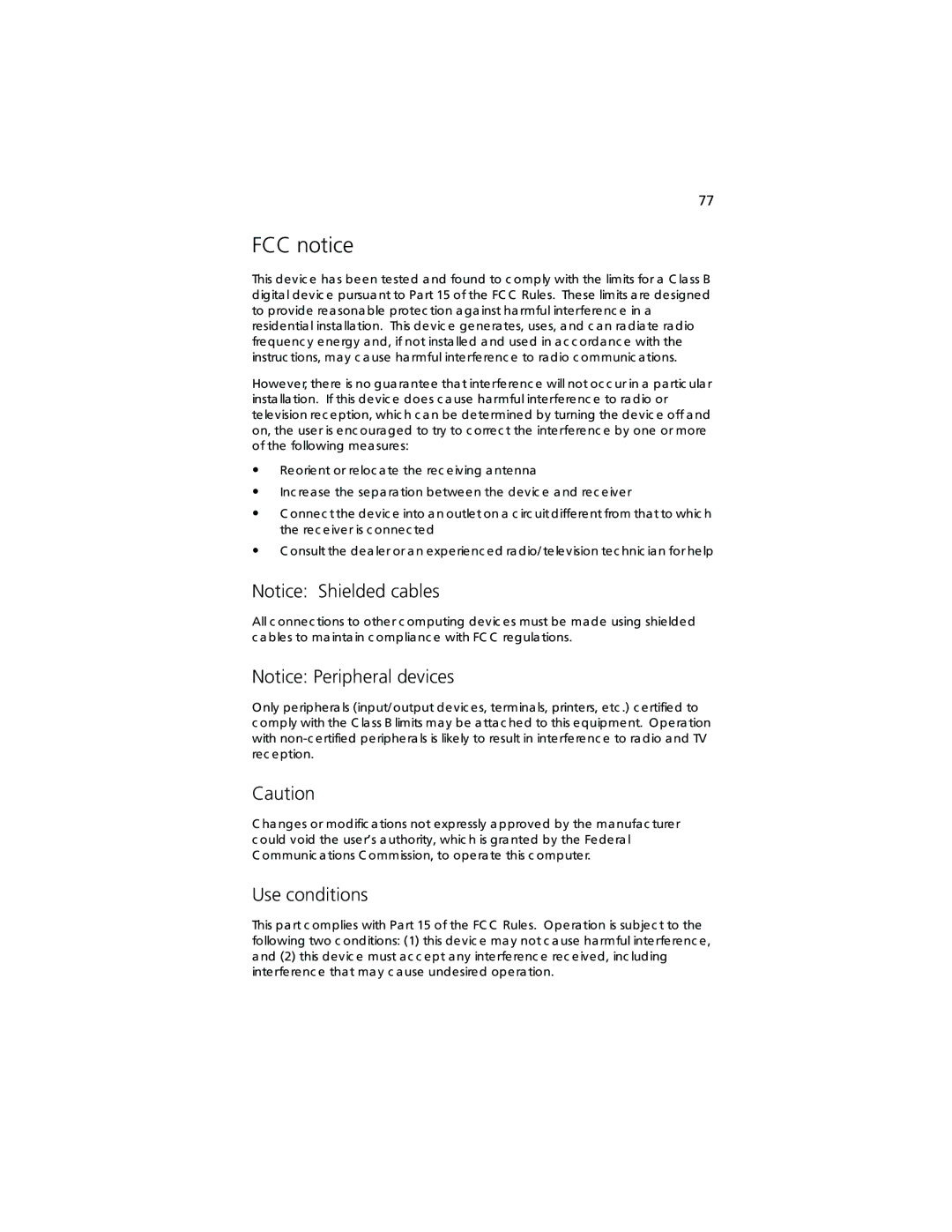 Acer TravelMate 360 manual FCC notice, Use conditions 