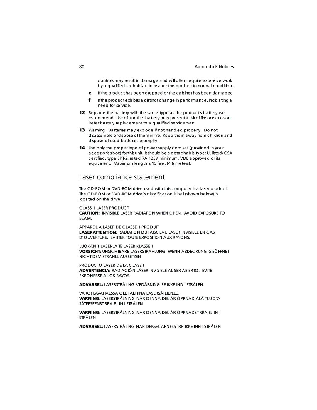 Acer TravelMate 360 manual Laser compliance statement 