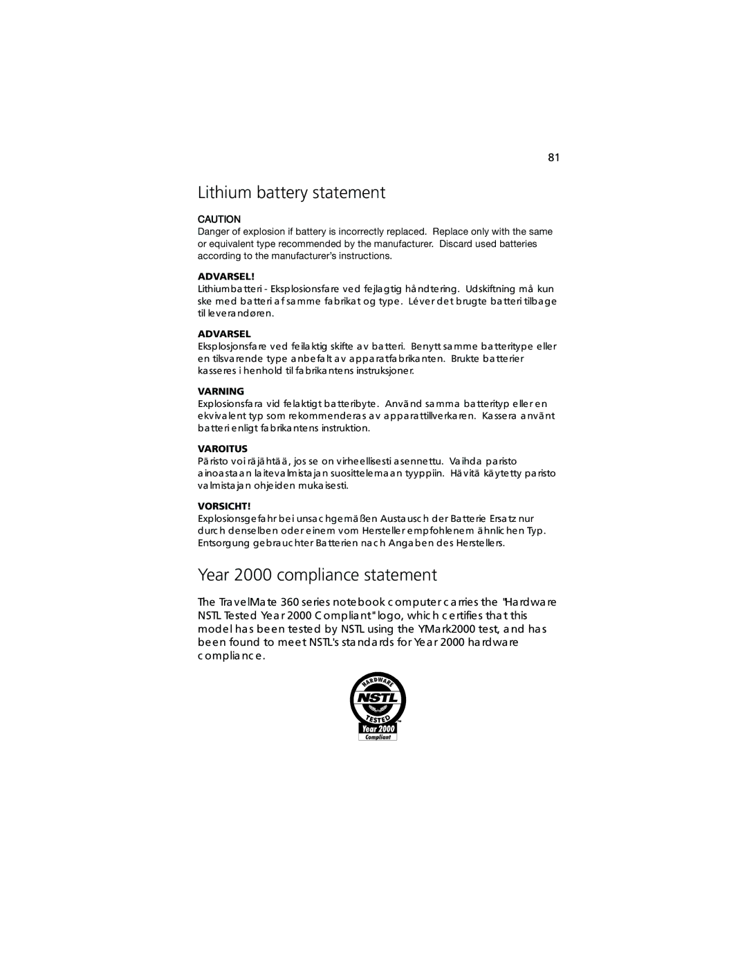 Acer TravelMate 360 manual Lithium battery statement, Year 2000 compliance statement, 98-32 