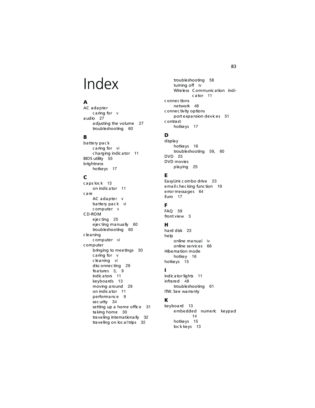 Acer TravelMate 360 manual Index 