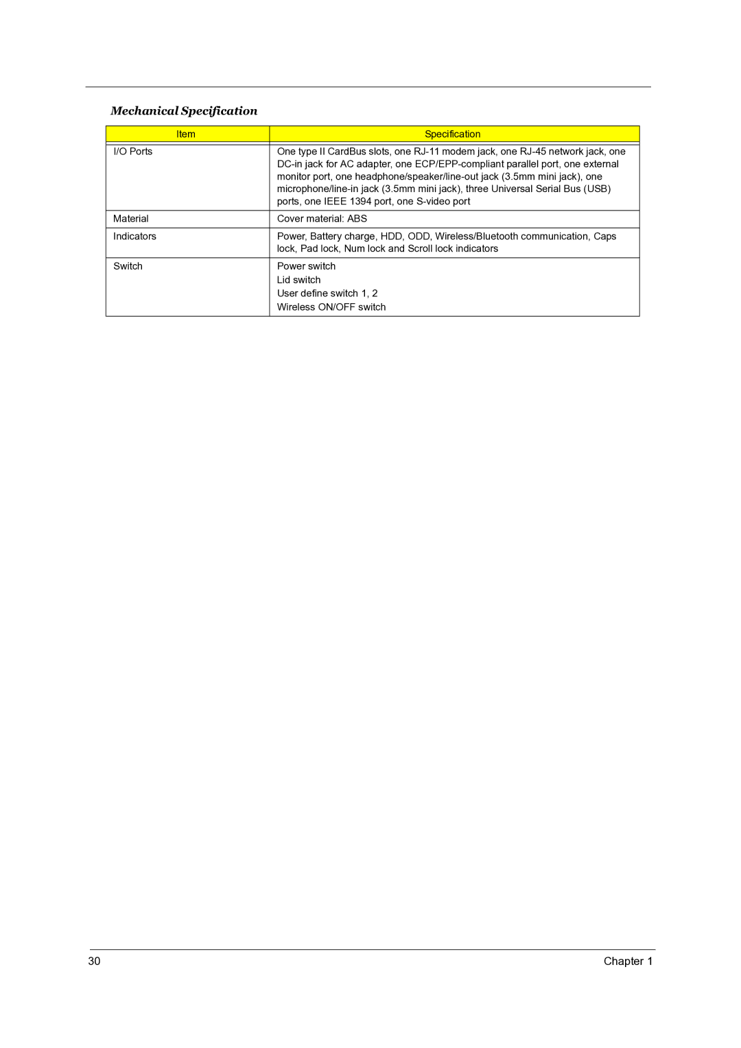 Acer TravelMate 4050 manual Mechanical Specification 