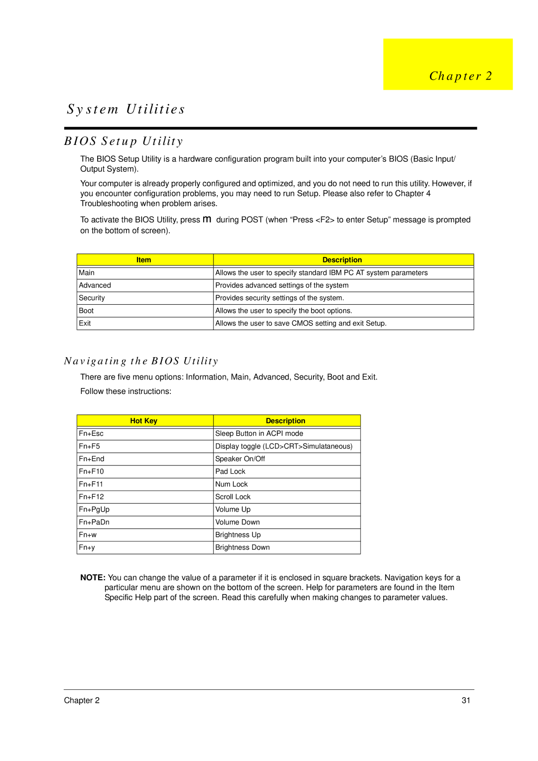 Acer TravelMate 4050 manual Bios Setup Utility, Navigating the Bios Utility, Hot Key Description 