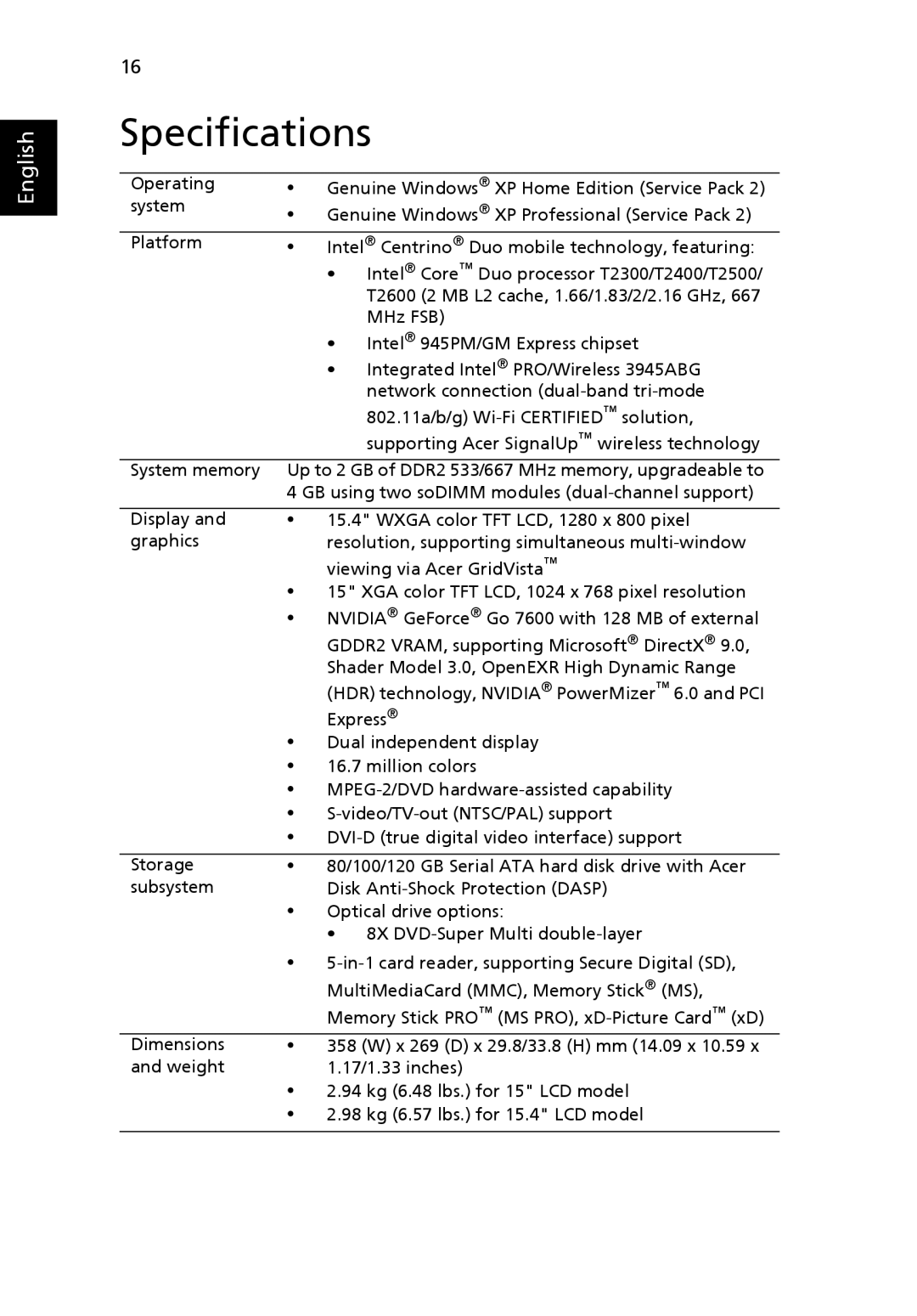 Acer TravelMate 4260 manual Specifications 