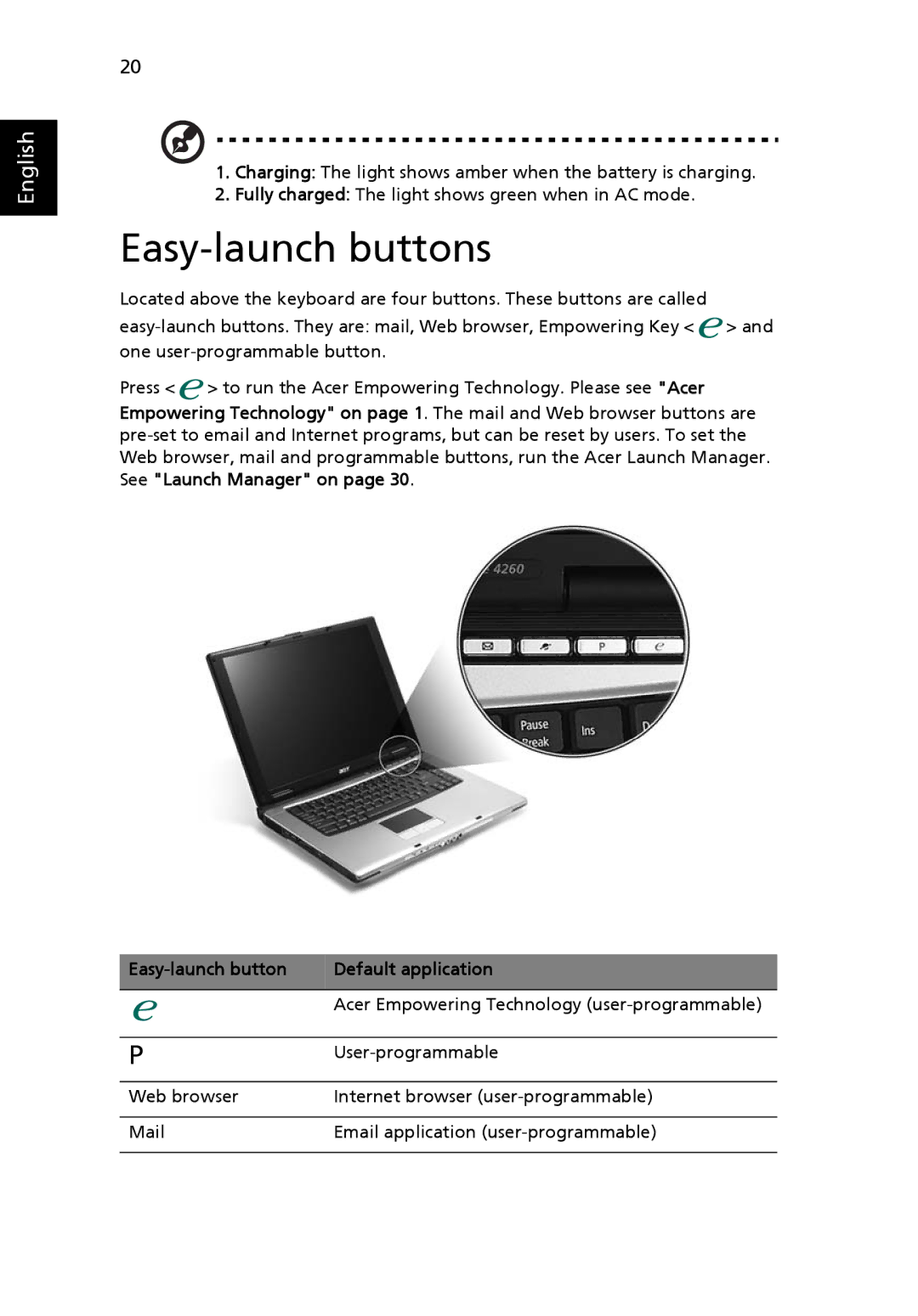 Acer TravelMate 4260 manual Easy-launch buttons, Easy-launch button Default application 