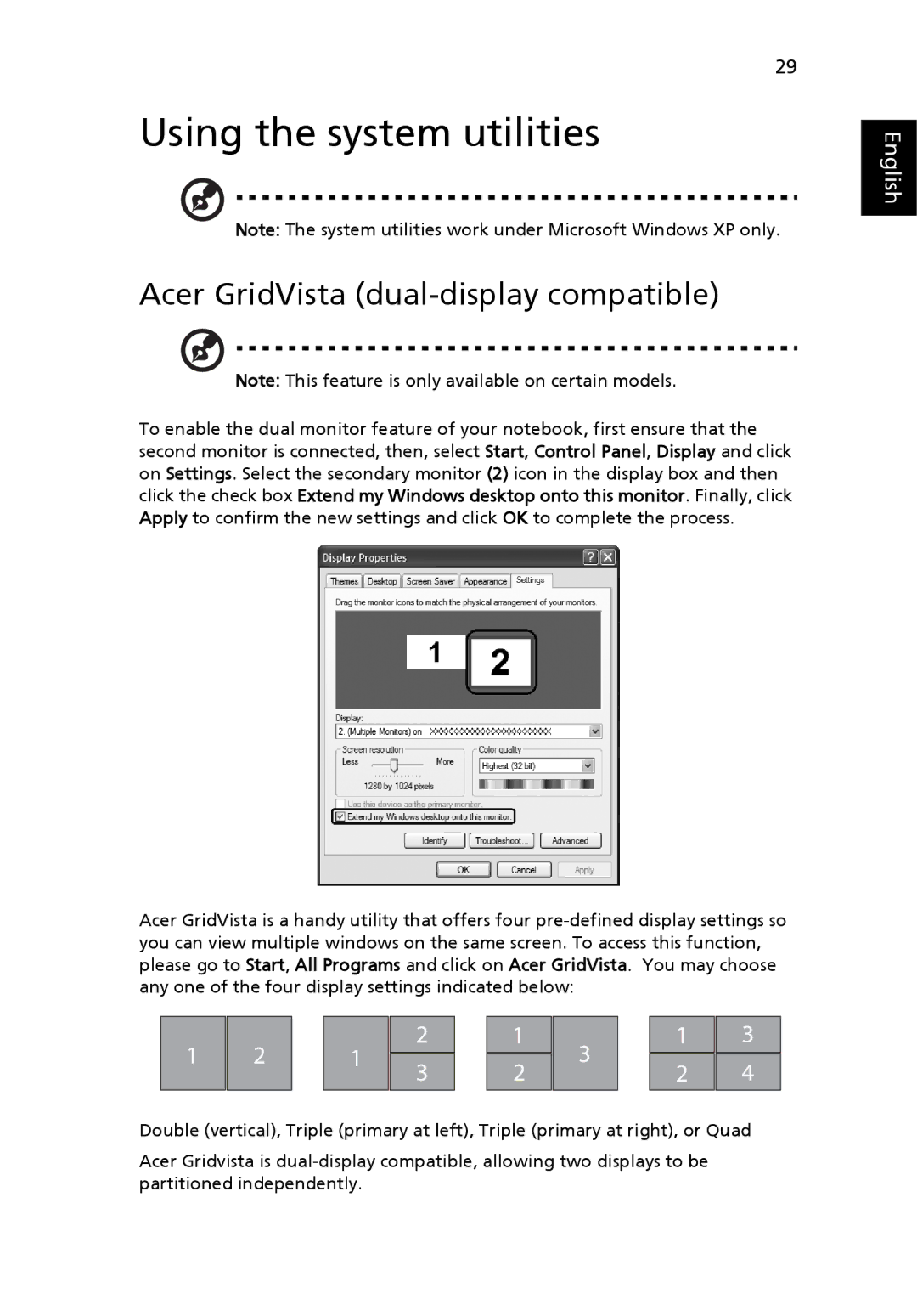 Acer TravelMate 4260 manual Using the system utilities, Acer GridVista dual-display compatible 