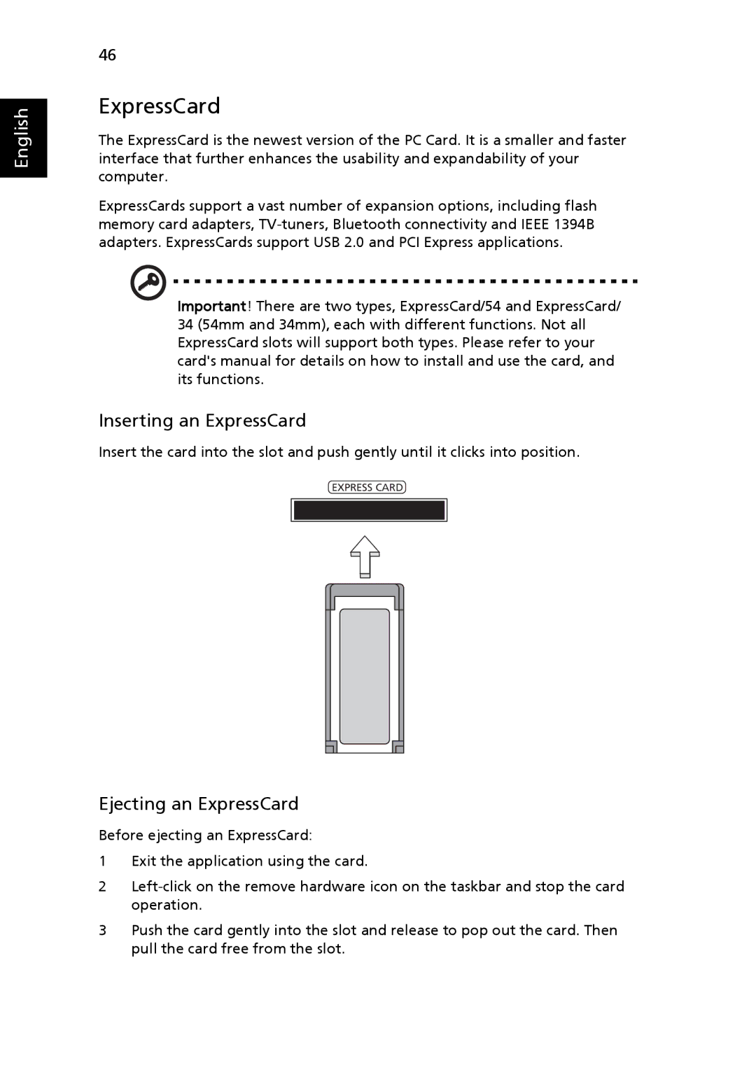 Acer TravelMate 4260 manual Inserting an ExpressCard, Ejecting an ExpressCard 