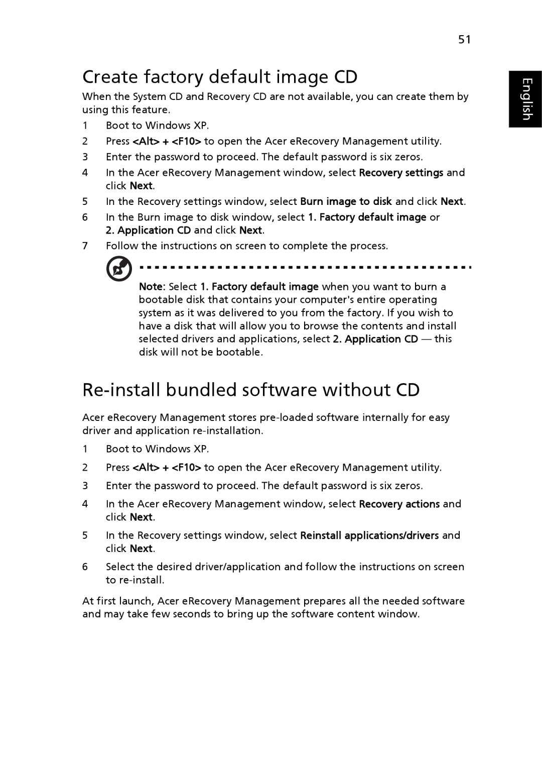 Acer TravelMate 4260 manual Create factory default image CD, Re-install bundled software without CD 