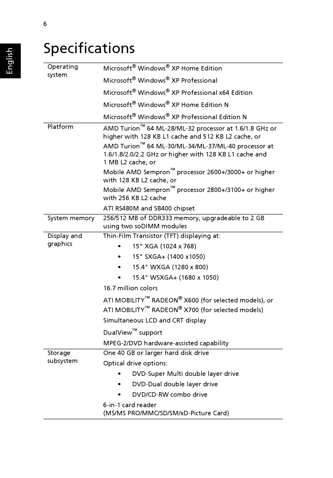 Acer TravelMate 4400 manual Specifications 