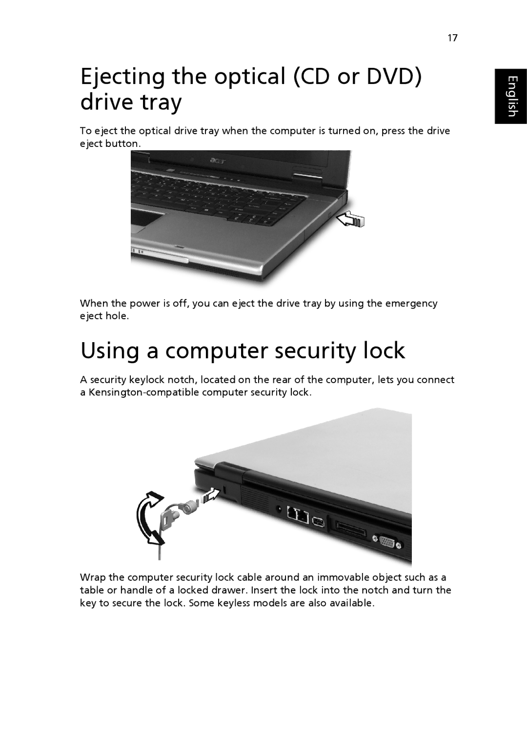 Acer TravelMate 4400 manual Ejecting the optical CD or DVD drive tray, Using a computer security lock 