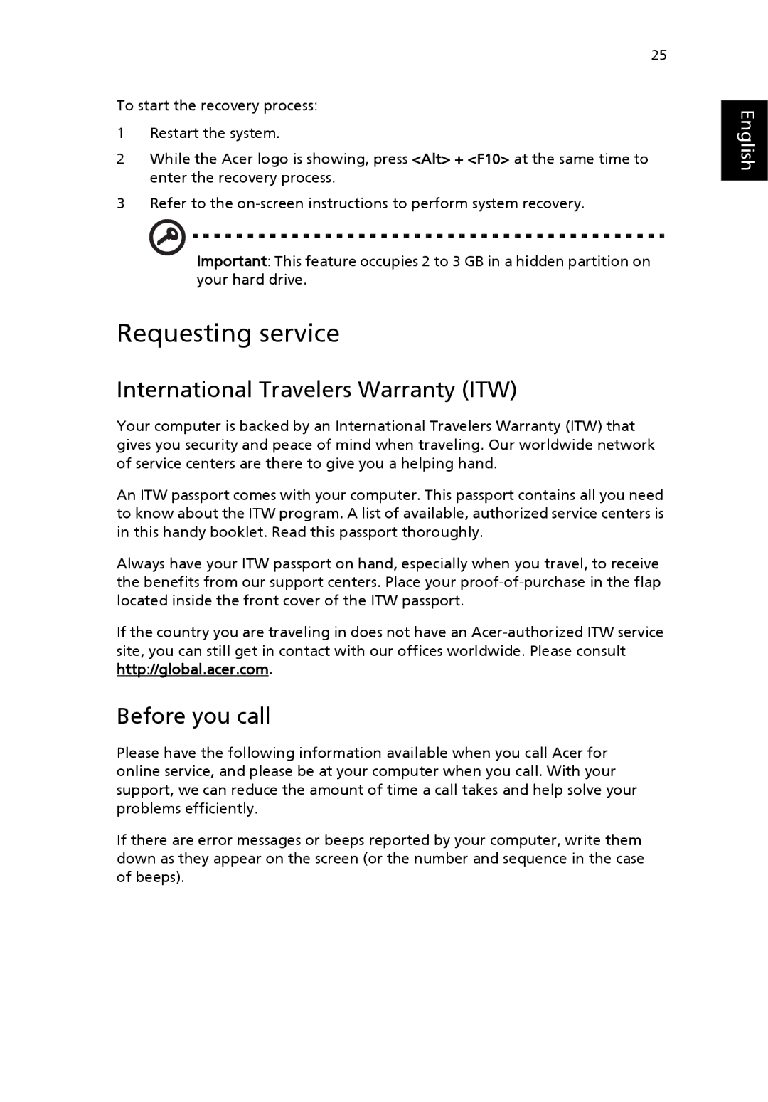 Acer TravelMate 4400 manual Requesting service, International Travelers Warranty ITW, Before you call 