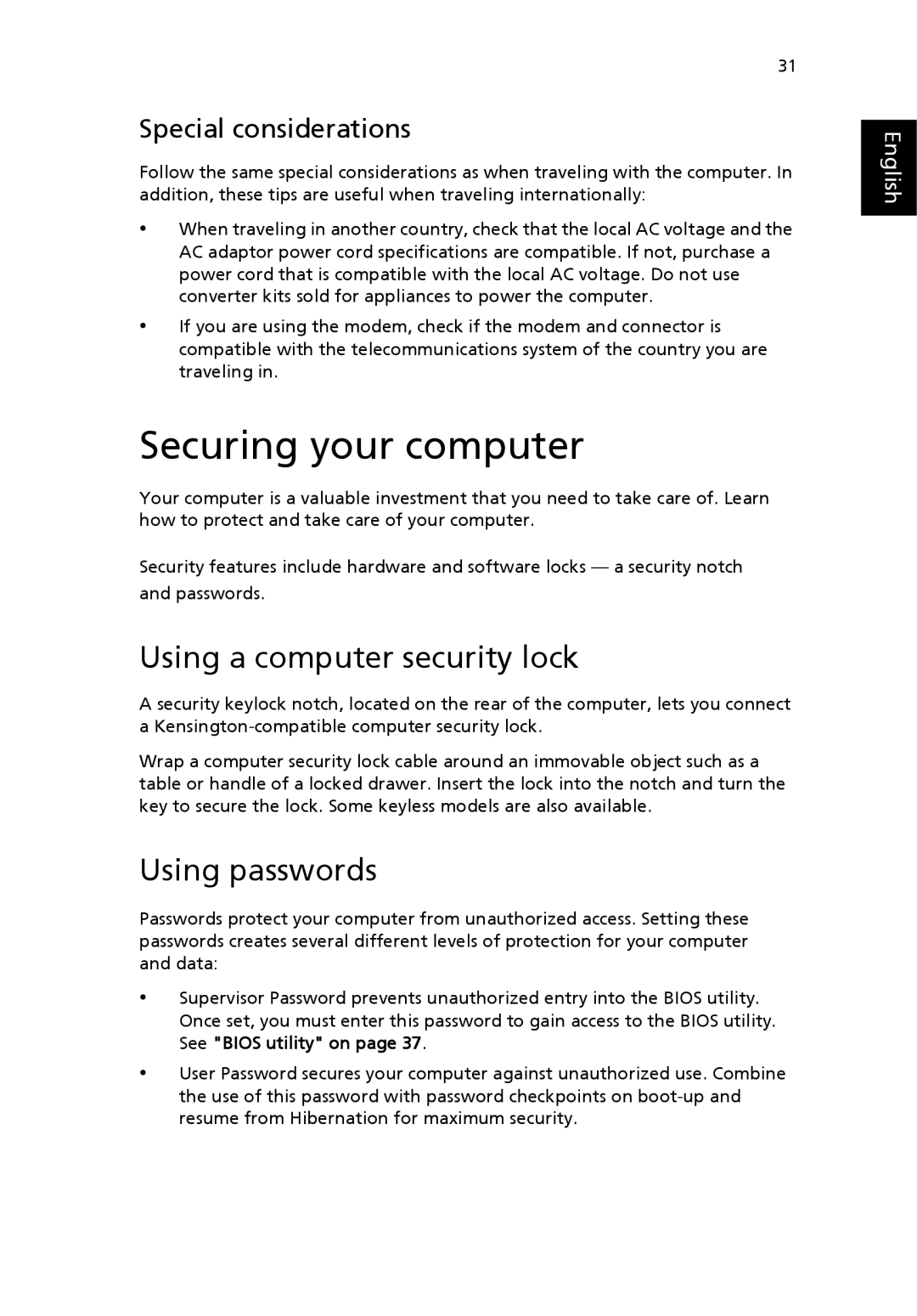 Acer TravelMate 4400 manual Securing your computer, Using a computer security lock, Using passwords 