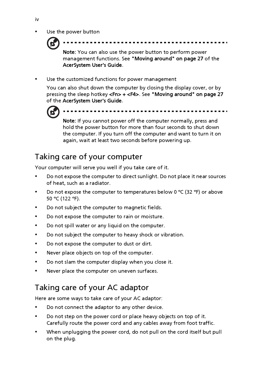 Acer TravelMate 4400 manual Taking care of your computer, Taking care of your AC adaptor 