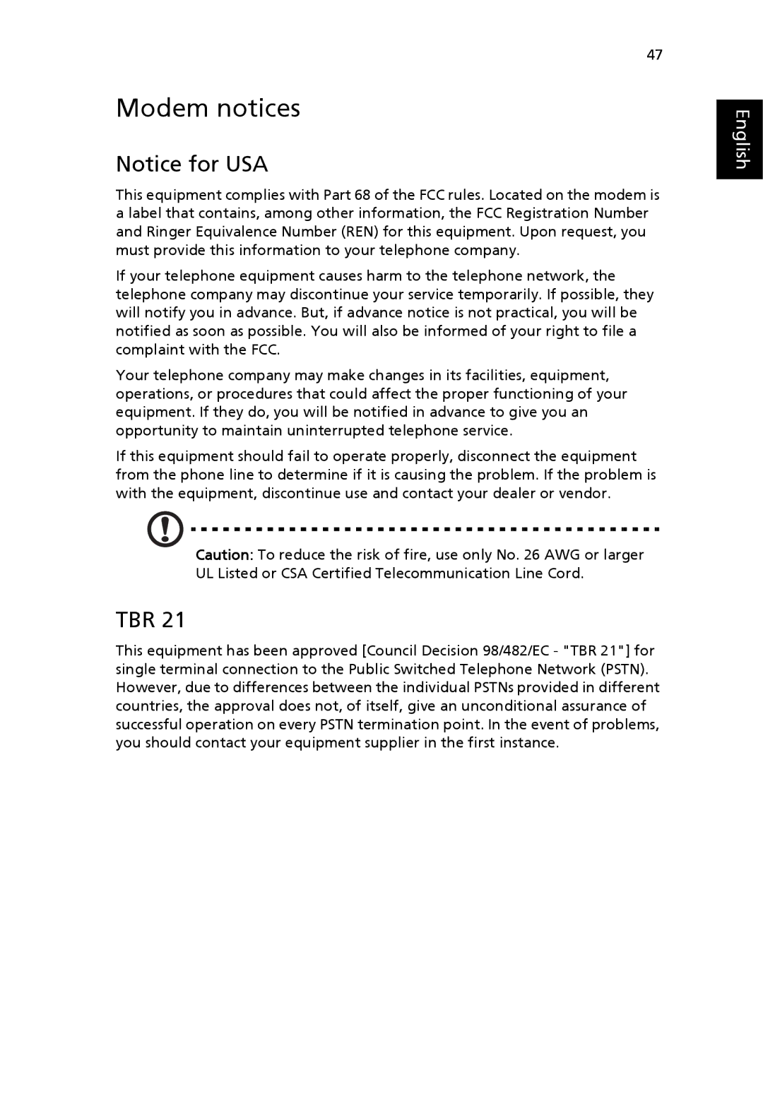 Acer TravelMate 4400 manual Modem notices, Tbr 