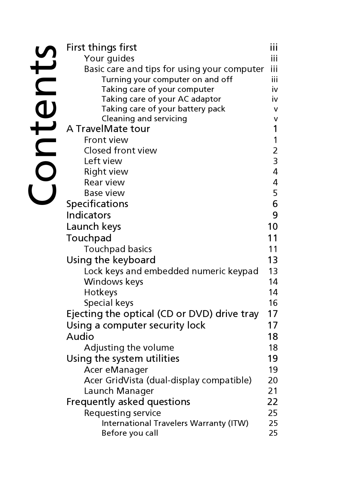 Acer TravelMate 4400 manual Contents 