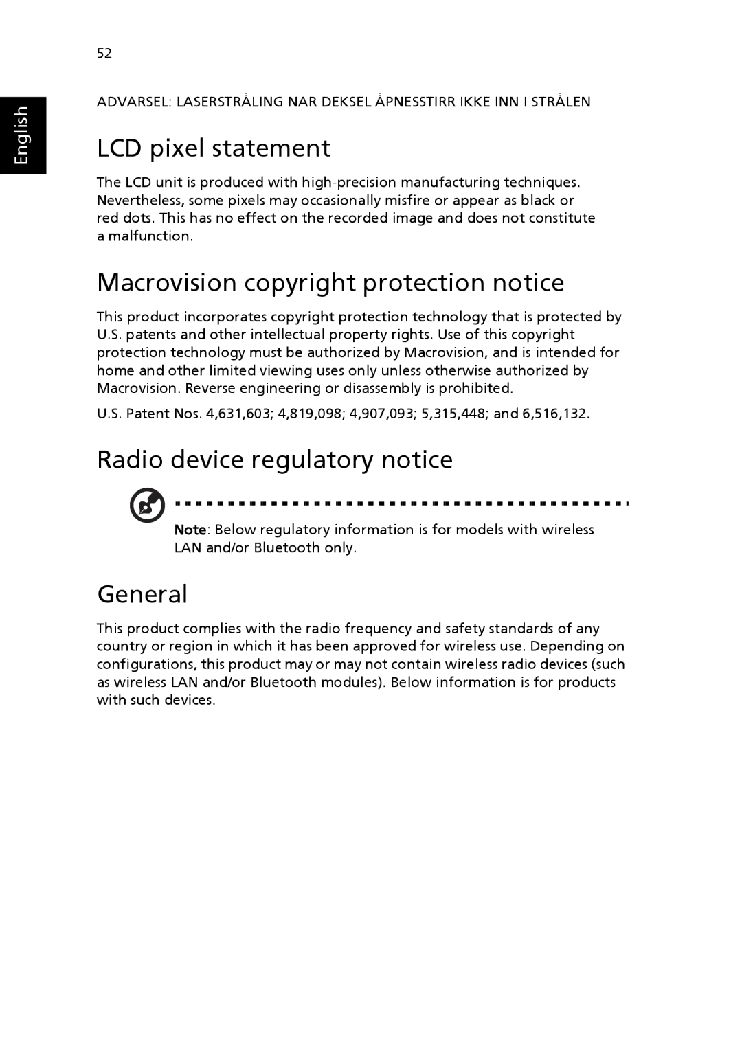 Acer TravelMate 4400 LCD pixel statement, Macrovision copyright protection notice, Radio device regulatory notice General 