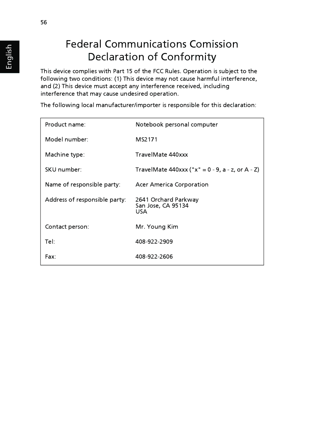 Acer TravelMate 4400 manual Federal Communications Comission Declaration of Conformity 