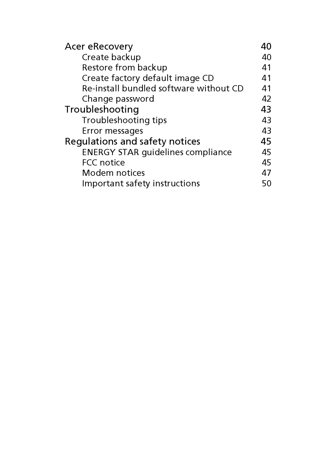 Acer TravelMate 4400 manual Acer eRecovery, Troubleshooting, Regulations and safety notices 