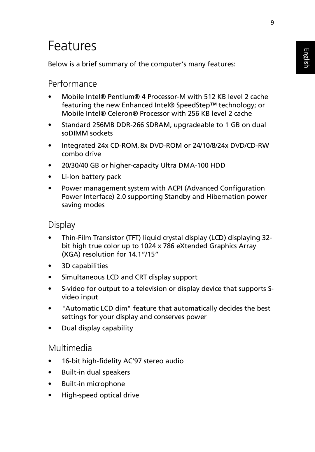 Acer TravelMate 530 manual Features, Performance, Display, Multimedia 