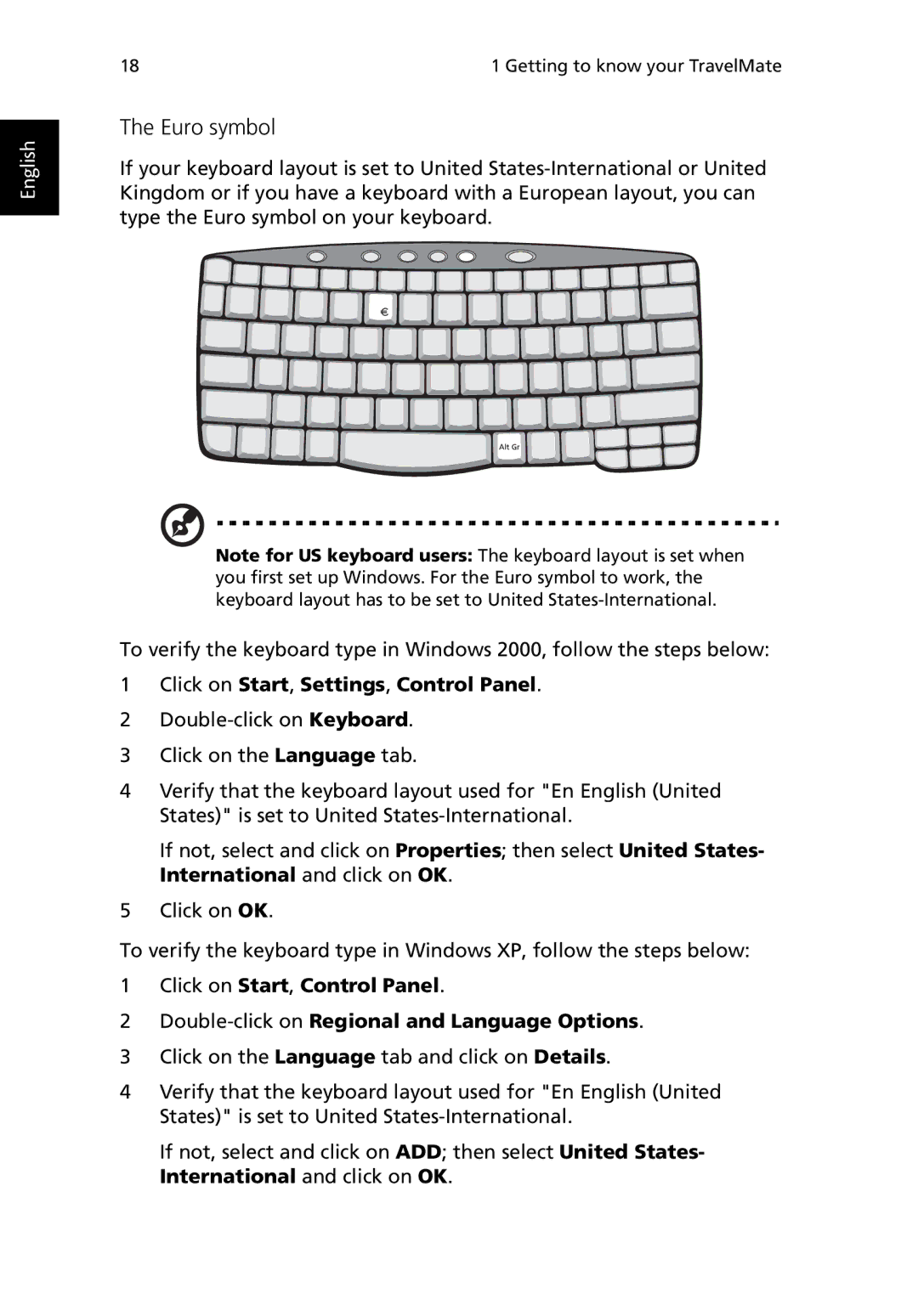 Acer TravelMate 530 manual Euro symbol, Click on Start, Settings, Control Panel 