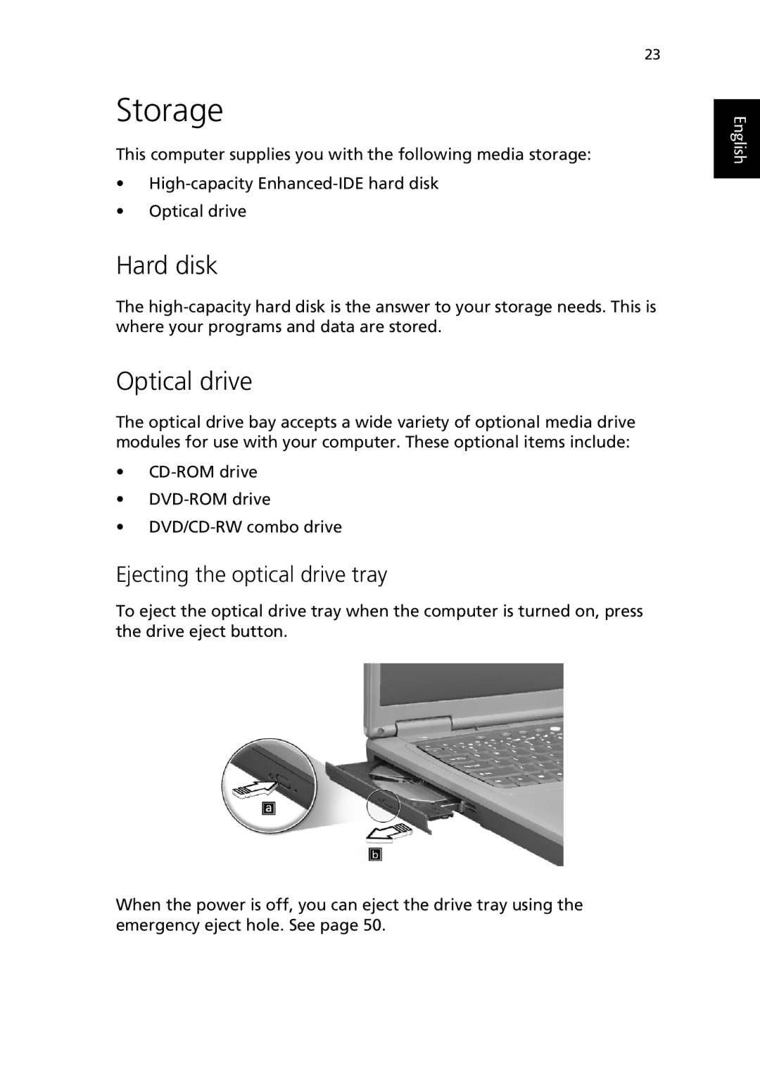 Acer TravelMate 530 manual Storage, Hard disk, Optical drive, Ejecting the optical drive tray 