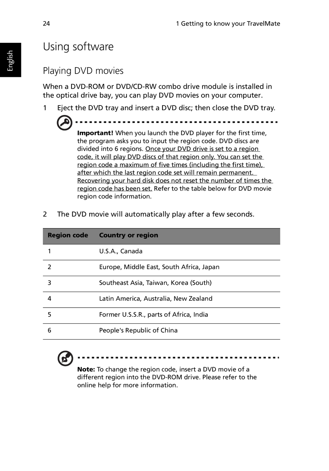 Acer TravelMate 530 manual Using software, Playing DVD movies, Region code Country or region 