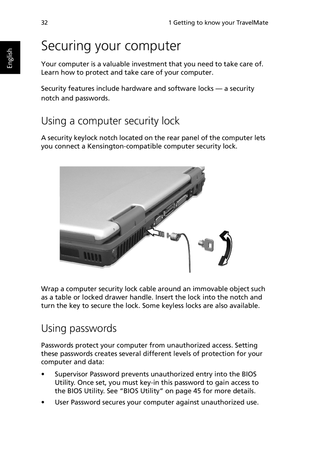 Acer TravelMate 530 manual Securing your computer, Using a computer security lock, Using passwords 